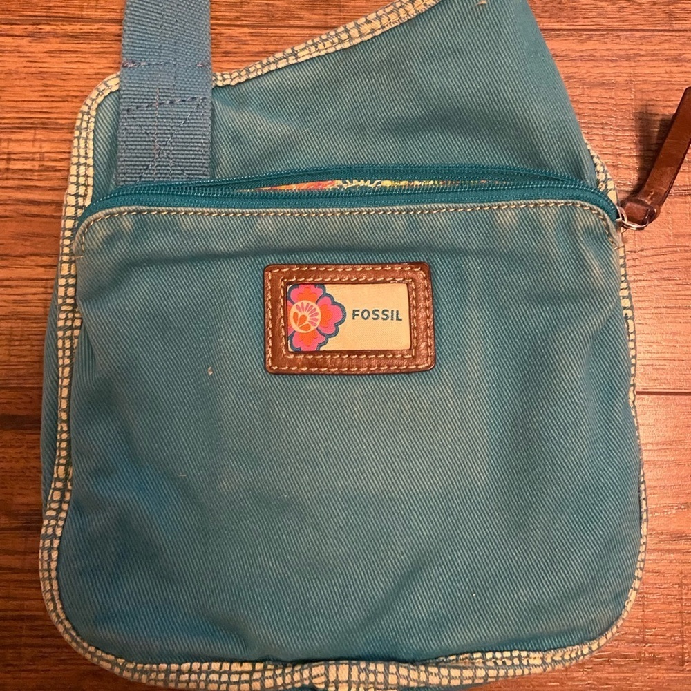 Fossil canvas and leather trim crossbody bag in a turquoise blue and brown Vtg - Picture 3 of 7